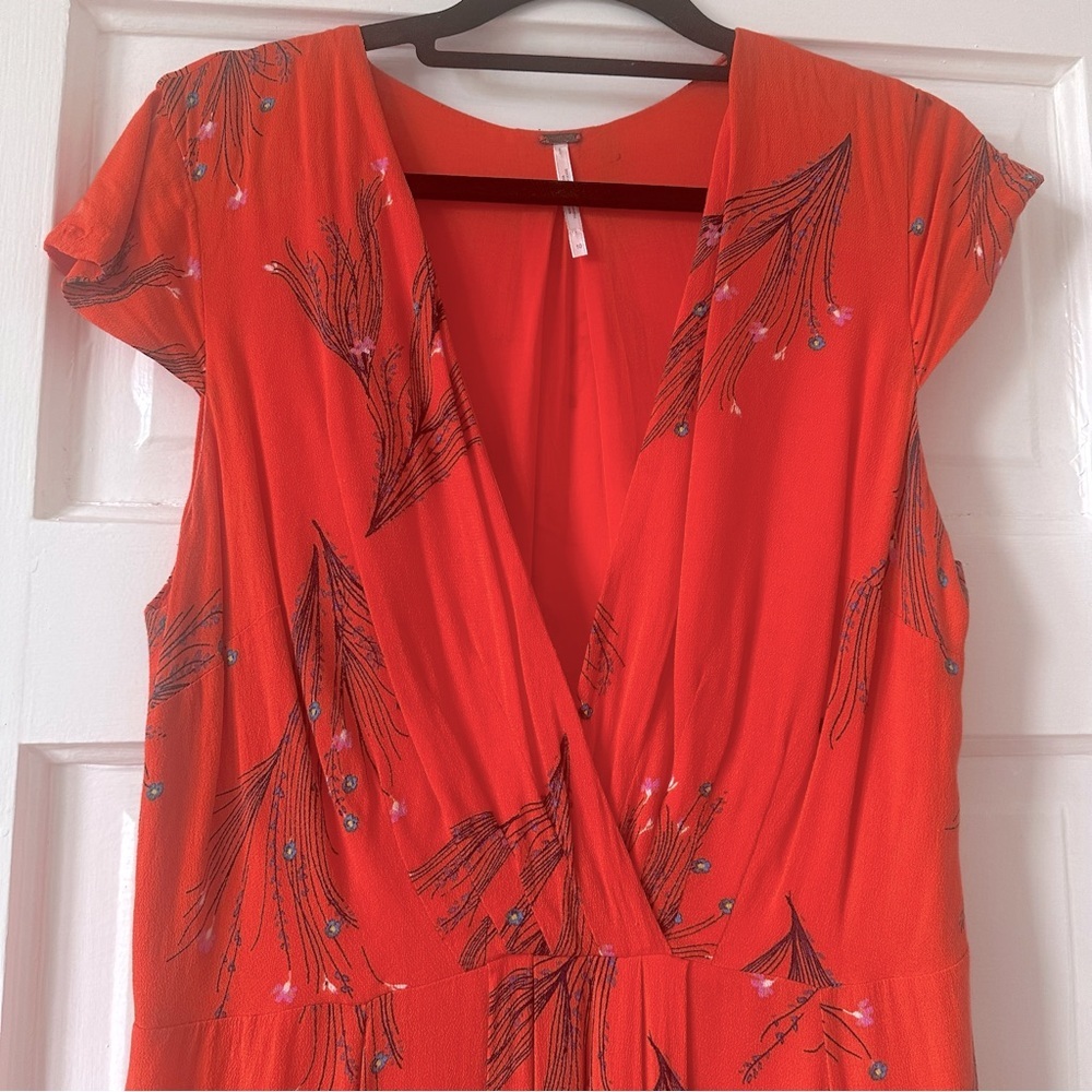 Free People Retro Coral Floral Print Dress Size 10 EUC Orange with Pockets - Picture 7 of 14